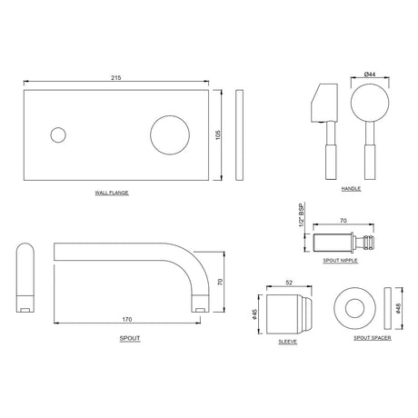 EXPOSED PART KIT OF SINGLE LEVER BASIN MIXER W/SLEEVE (WALL MOUNTED)- JAQUAR FAUCETS - ( CHROME - SOLO - 0x15 mm - 0inchX0.5inch )