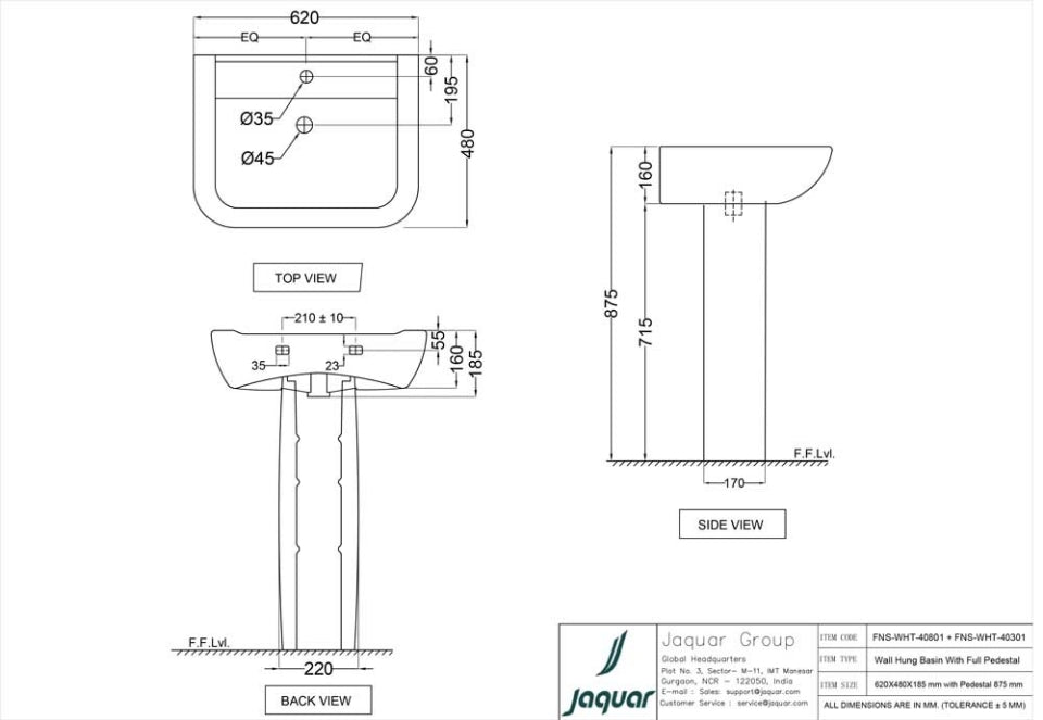 WASH BASIN WALL MOUNT - JAQUAR SWARE - ( WHITE - FONTE - 610x475 mm - 24inchX19inch )