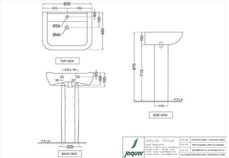 WASH BASIN WALL MOUNT - JAQUAR SWARE - ( WHITE - FONTE - 610x475 mm - 24inchX19inch )