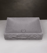 CONCRETE TABLE MOUNTED WASH BASIN RECTANGULAR SHAPE WITH A RUSTIC TEXTURE ON THE OUTSIDE INCLUDES POP UP WASTE COUPLING - AQUANT - (MATT GREY -  - 500x350x145 mm - 20inchX14inchX5.8inch)