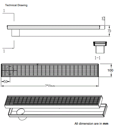 SHOWER CHANEL DRAINER 750 MM 304 SS W/BASE W/SIDE OUTLET - AQUANT -  ( MATT BLACK -  - 750x100 mm - 30inchX4inch )