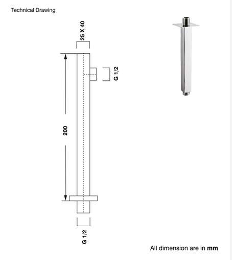 BRASS VERTICAL SQUARE SHOWER ARM - AQUANT -  ( BRUSHED GOLD -  - 200x0 mm - 8inchX0inch )