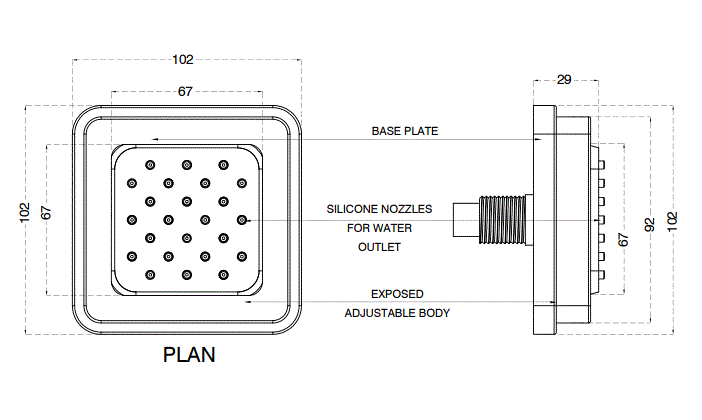ABS BODY JET W/POWDER FLOW - AQUANT -  ( CHROME -  - 100x100 mm - 4inchX4inch )