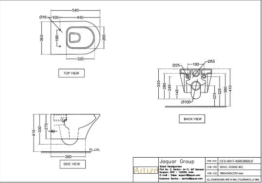 WALL HUNG RIMLESS WC W/S.COVER & ACC.( BOLT DISTANCE 7INCH)- ARTIZE SWARE -  ( WHITE - CONFLUENCE - 540x360 mm - 14.4inchX0inch )