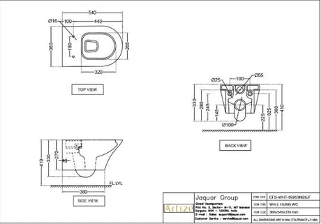 WALL HUNG RIMLESS WC W/S.COVER & ACC.( BOLT DISTANCE 7INCH)- ARTIZE SWARE -  ( WHITE - CONFLUENCE - 540x360 mm - 14.4inchX0inch )