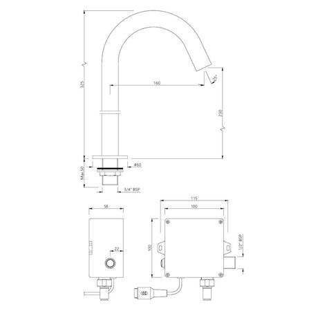 BLUSH TALL BOY D/M FAUCET (BATTERY OP)- JAQUAR FAUCETS - ( CHROME - SENSOR - 0x15 mm - 0inchX0.5inch )