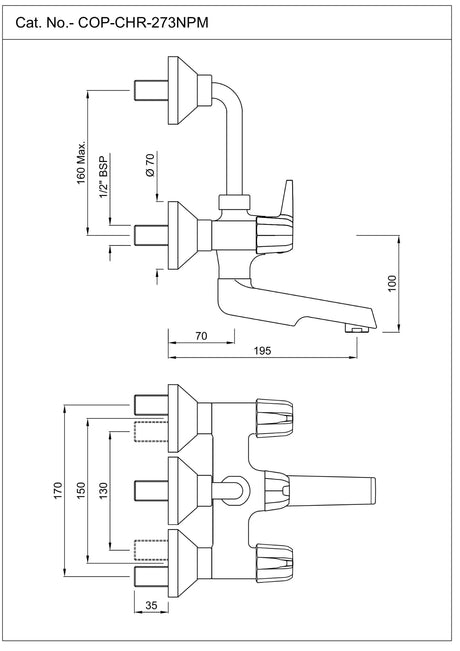 WALL MIXER WITH PROVISION FOR OVERHEAD SHOWER WITH 115MM LONG BEND PIPE ON UPPER SIDE, CONNECTING LEGS & WALL FLANGES - JAQUAR FAUCETS - ( CHROME - CONTINENTAL PRIME - 0x15 mm - 0inchX0.5inch )