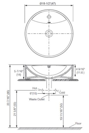 ROUND COUNTER TOP W.BASIN W/FAUCET HOLE - KOHLER PREMIUM -  ( WHITE - PREMIUM - 470x470 mm - 19inchX0inch )