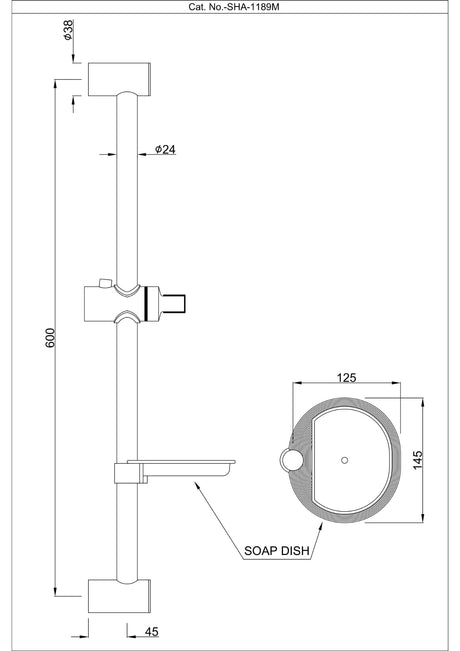 SLIDING RAIL 600MM LONG ROUND SHAPE WITH HAND SHOWER HOLDER - JAQUAR FAUCETS - ( BLACK MATT - SHOWER ACC. - 0x600 mm - 0inchX24inch )