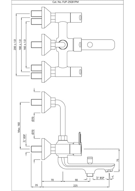 BATH & SHOWER MIXER 3-IN-1 SYSTEM WITH PROVISION FOR HAND SHOWER & OVERHEAD SHOWER COMPLETE WITH 115MM LONG BEND PIPE - JAQUAR FAUCETS - ( BLACK CHROME - FUSION PRIME - 0x20 mm - 0inchX0.75inch )