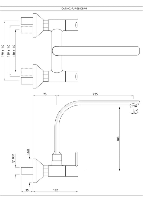 SINK MIXER WITH REGULAR SWINGING SPOUT (WALL MOUNTED)WITH CONNECTING LEGS & WALL FLANGES - JAQUAR FAUCET - ( CHROME - FUSION PRIME - 0x15 mm - 0inchX0.5inch )
