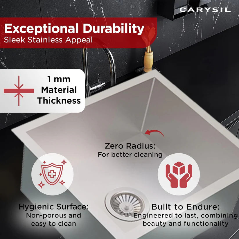 1 BOWL W/O DRAINBOARD (DEPTH 8INCH) THK 1MM - CARYSIL -  ( MATT FINISH - QUADRO - 457x406 mm - 18inchX16inch )