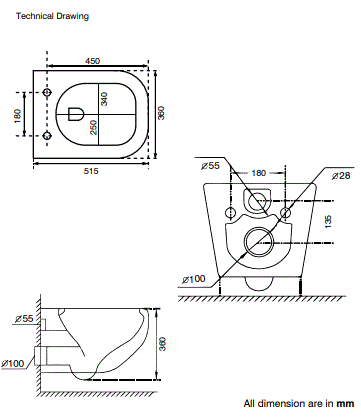WALL HUNG WC RIMLESS W/UF SEAT COVER ( BOLT DISTANCE 7INCH) - AQUANT -  ( WHITE -  - 515x360 mm - 20.6inchX14.4inch )