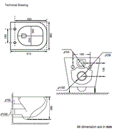WALL HUNG WC RIMLESS W/UF SEAT COVER ( BOLT DISTANCE 7INCH) - AQUANT -  ( WHITE -  - 515x360 mm - 20.6inchX14.4inch )