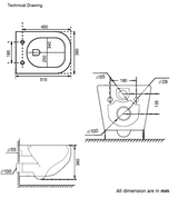WALL HUNG WC RIMLESS W/UF SEAT COVER - AQUANT -  ( MARQUINA GLOSSY FINISH -  - 515x360 mm - 20.6inchX14.4inch )