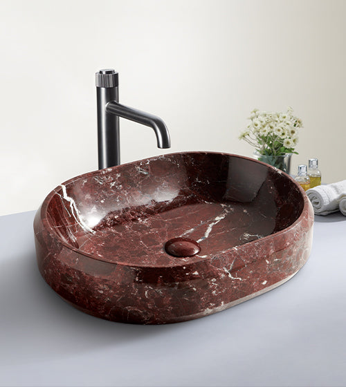 TABLE MOUNTED SPAIN RED MARBLE WASH BASIN - AQUANT - (RED MARBLE - AQUANT - 550x400x130 mm - 22inchX16inchX5.2inch)