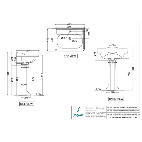 FULL PEDESTAL FOR QPS-WHT-7803PM - JAQUAR SWARE - ( WHITE - - 0x0 mm - 0inchX0inch )