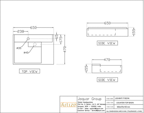 TABLE TOP BASIN - ARTIZE SWARE -  ( WHITE - LINEA - 640x460 mm - 25.5inchX18inch )