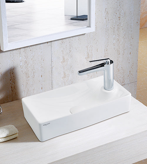 TABLE / WALL MOUNTED CERAMIC WASH BASIN WITH SIDE TAP HOLE RECTANGULAR SHAPE - AQUANT -  ( WHITE -  - 450x220x110 mm - 18inchX8.8inchX4.4inch )