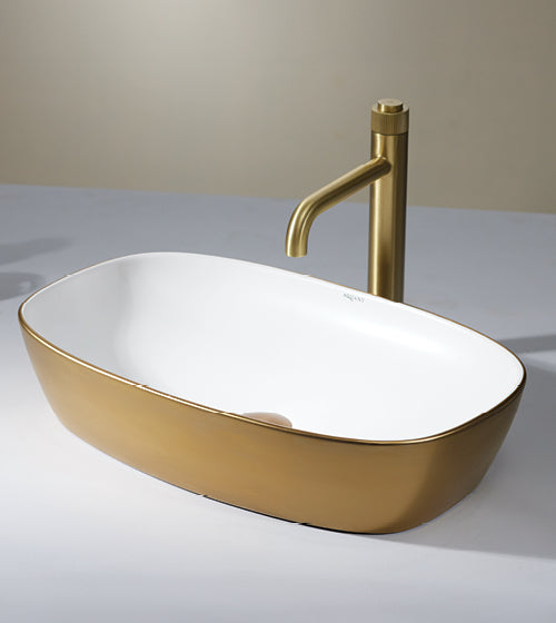 TABLE MOUNTED WASH BASIN - AQUANT -  ( BRUSHED GOLD/MATT WHITE -  - 600x390 mm - 24.15inchX15.6inch )