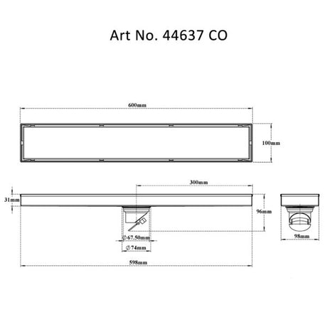 SHOWER CHANNEL DRAIN CENTRE HOLE - VIKING -  ( GOLD PVD BRUSHED - SS 304 - 600x100 mm - 24inchX4inch )