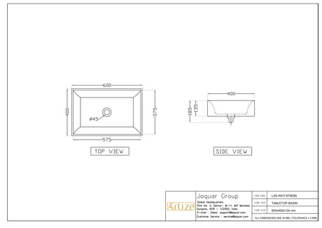 TABLE TOP BASIN - ARTIZE SWARE -  ( WHITE - LEXA - 600x400 mm - 24inchX16inch )