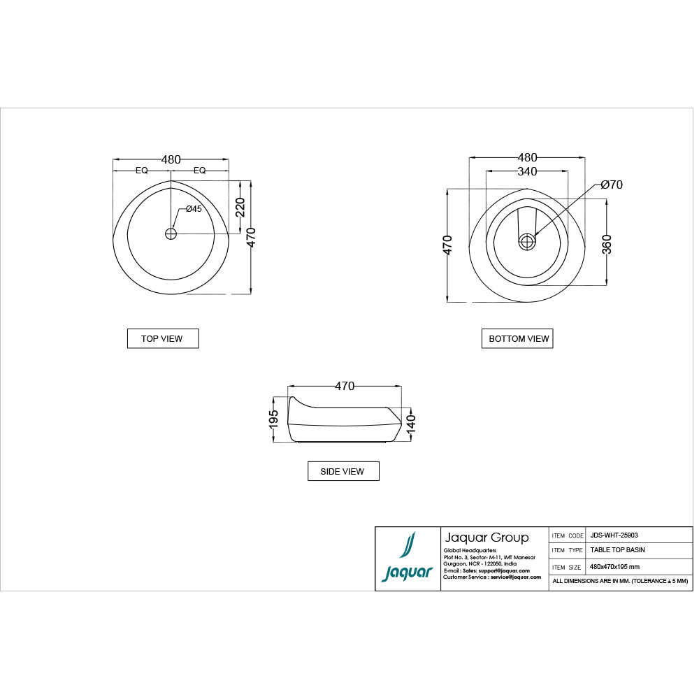 TABLE TOP BASIN - JAQUAR SWARE - ( WHITE - JDR - 455x455 mm - 18inchX18inch )