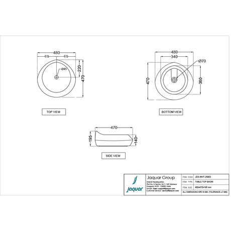 TABLE TOP BASIN - JAQUAR SWARE - ( WHITE - JDR - 455x455 mm - 18inchX18inch )