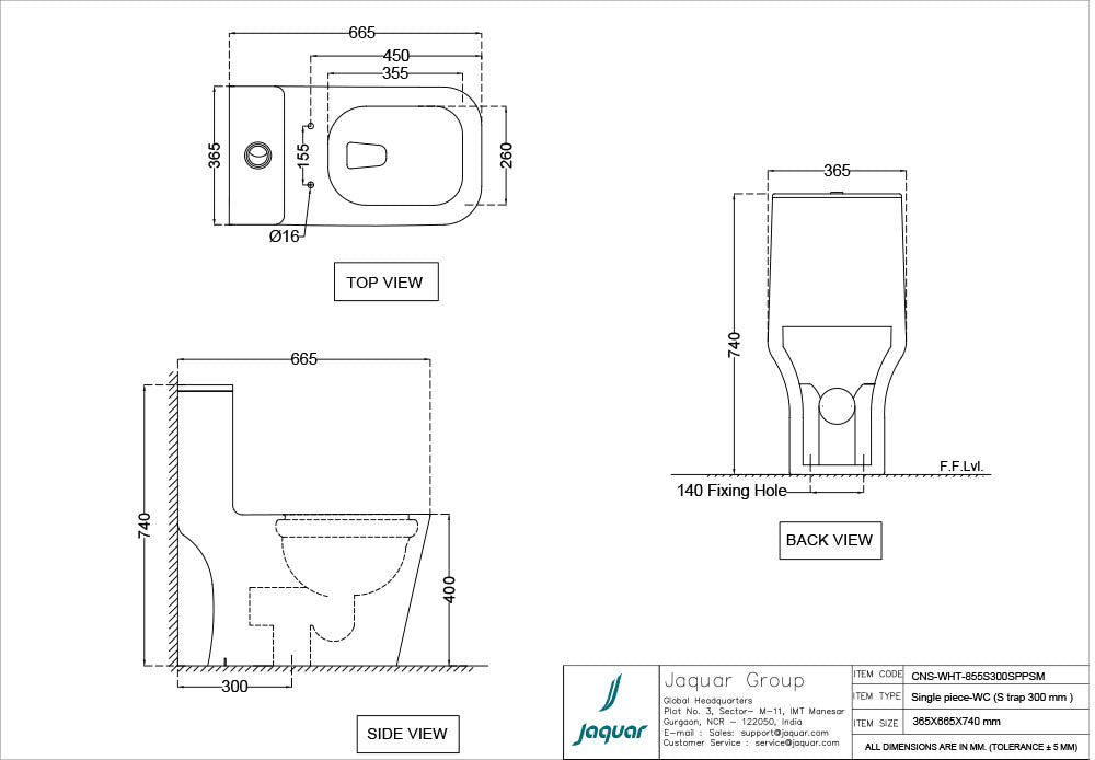 RIMLESS SINGLE PIECE EWC S-TRAP 300MM WITH PP SOFT CLOSE SLIM SEAT COVER W/FIXING ACCESSORIE - JAQUAR SWARE - ( WHITE - CONTINENTAL - 665x365 mm - 26.6inchX14.6inch )