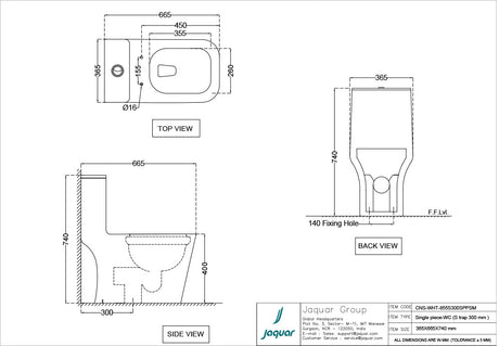 RIMLESS SINGLE PIECE EWC S-TRAP 300MM WITH PP SOFT CLOSE SLIM SEAT COVER W/FIXING ACCESSORIE - JAQUAR SWARE -  ( WHITE - CONTINENTAL - 665x365 mm - 26.6inchX14.6inch )