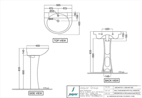WALL HUNG BASIN WITH FIXING ACC. - JAQUAR SWARE - ( WHITE - CONTINENTAL - 0x0 mm - 0inchX0inch )
