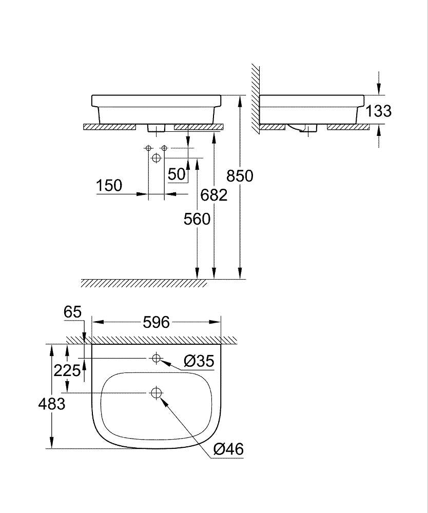 EUROSMART BASIN, COUNTER TOP, 60CM - GROHE -  ( WHITE - G3 - EUROSMART - 600x483 mm - 24inchX19inch )