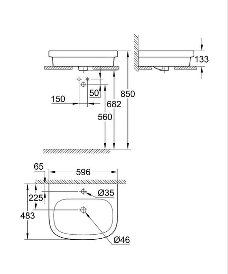 EUROSMART BASIN, COUNTER TOP, 60CM - GROHE -  ( WHITE - G3 - EUROSMART - 600x483 mm - 24inchX19inch )