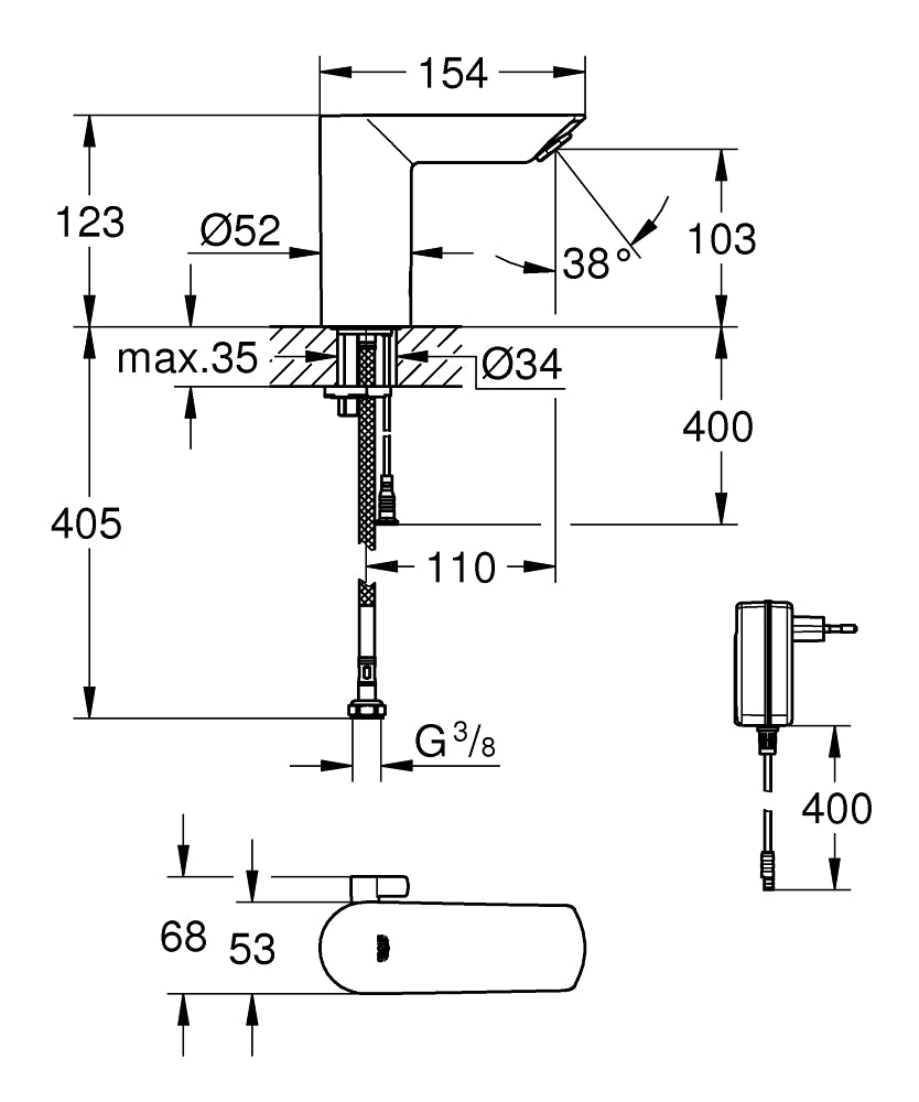 BAUCOSMOPOLITAN E INFRARED BASIN MIXER, AC - GROHE-G2 -  ( CHROME - G2 - BAUCOSMOPOLITAN - 0x15 mm - 0inchX0.6inch )