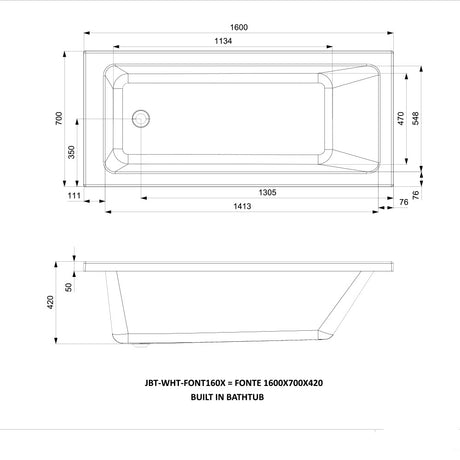 FONTE BUILT-IN BATH TUB - JAQUAR WELLNESS - ( WHITE - - 700x1600 mm - 64inchX0inch )