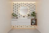 Patterned design with blue and beige shapes on a white background