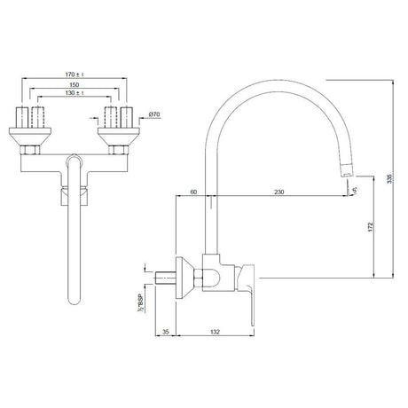 SINGLE LEVER SINK MIXER WITH SWINGING SPOUT ON UPPER SIDE (WALL MOUNTED)WITH CONNECTING LEGS & WALL FLANGES - JAQUAR FAUCETS -  ( ANTIQUE COPPER - VIGNETTE PRIME - 0x15 mm - 0inchX0.5inch )