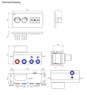 CONC THERMOSTATIC MULTI FUN 3 OUTLET SWITCH BUTTON DIVERTER WITH FLOW CONTROL 20 MM INLET - AQUANT -  ( ROSE GOLD - PIANO SERIES - 20x0 mm - 0.8inchX0inch )