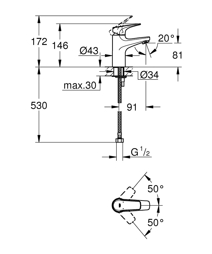 BAUFLOW 1-HANDLE BASIN MIXER WITHOUT POP-UP - GROHE-G2 -  ( CHROME - G2 - BAUCONTEMPORARY - 0x15 mm - 0inchX0.6inch )