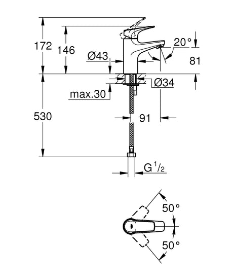 BAUFLOW 1-HANDLE BASIN MIXER WITHOUT POP-UP - GROHE-G2 -  ( CHROME - G2 - BAUCONTEMPORARY - 0x15 mm - 0inchX0.6inch )