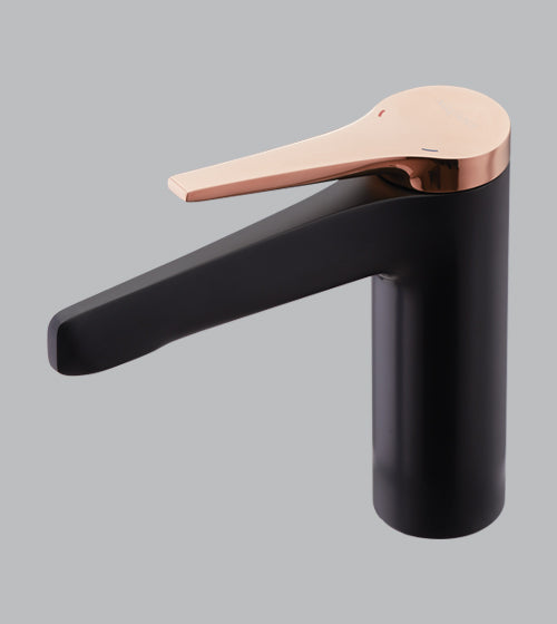 SINGLE LEVER BRASS BASIN MIXER SHORT BODY CASCADE EFFECT FLOW - AQUANT - ( BLACK+ROSE GOLD - OBSIDIAN ROSE SERIES - 0x15 mm - 0inchX0.5inch )