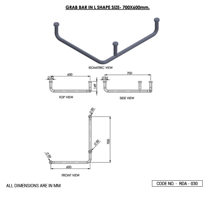 L SHAPE GRAB BAR - ACQUAVIVA -  ( CHR - ROUND ACC. - 0x600 mm - 0inchX24inch )