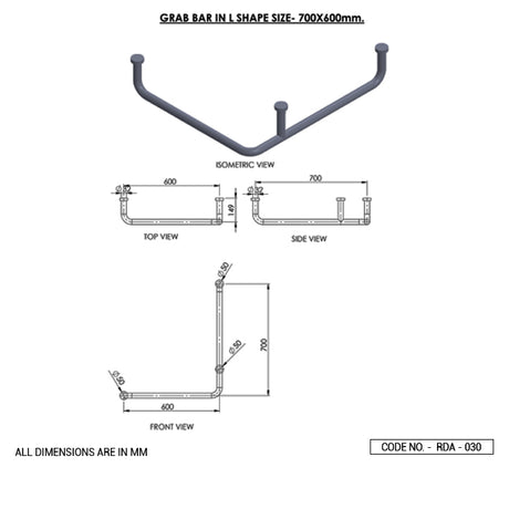 L SHAPE GRAB BAR - ACQUAVIVA -  ( CHR - ROUND ACC. - 0x600 mm - 0inchX24inch )