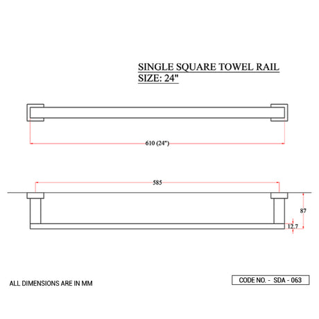 TOWEL  RAIL 24 INCHES - ACQUAVIVA -  ( BLACK CHROME - SQUARE ACC. - 0x600 mm - 0inchX24inch )