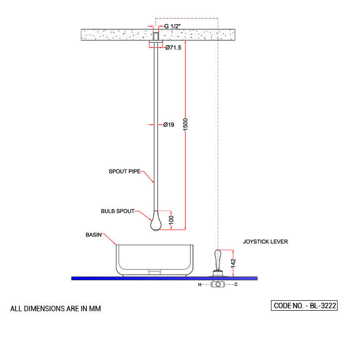CEILING MNTD SPT W/DECK MXR& 3FLEX PIPES - ACQUAVIVA -  ( CHR - BULBO - 1625x15 mm - 65inchX0.5inch )