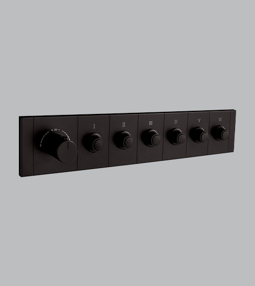 HIGH FLOW CONC THERMOSTATIC MULTI FUN DIVERTER WITH 6 OUTLETS WITH FLOW CONTROL 20MM INLET HORIZONTAL PLATE - AQUANT -  ( MATT BLACK -  - 0x0 mm - 0inchx0inch )