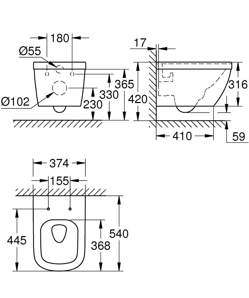 EURO CERAMIC WC WALL HUNG RIMLESS - GROHE -  ( WHITE - G3 - EURO CERAMIC - 0x0 mm - 0inchX0inch )