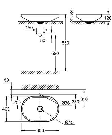 AIRIO VESSEL BASIN W/O OVERFLOW 60 - GROHE -  ( WHITE - G5 - 0x600 mm - 0inchX24inch )