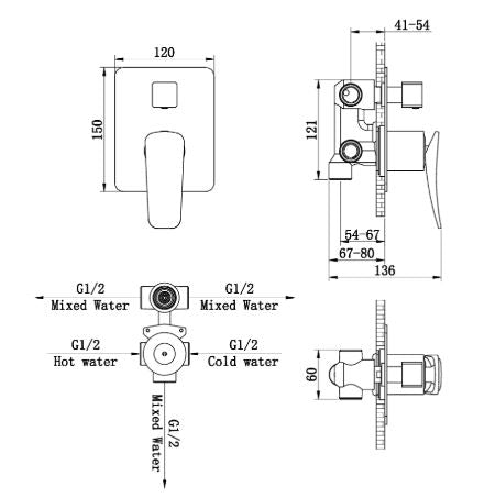 SINGLE LEVER DVTR W/3 OUTLETS CONC.BODY - AQUANT - ( BRUSHED GOLD - - 0x15 mm - 0inchX0.5inch )