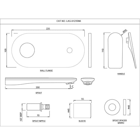 EXPOSED PART KIT OF LEFT HAND SIDE OPERATED SINGLE LEVER BASIN MIXER WALL MOUNTED CONSISTING OF OPERATING LEVER, CARTRIDGE SLEEVE, WALL FLANGE, NIPPLE & SPOUT (COMPATIBLE WITH ALD-235N)- JAQUAR FAUCETS - ( BLACK MATT - LAGUNA - 0x15 mm - 0inchX0.5inch )